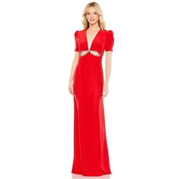 Mac Duggal Size 2 Red 2630 V-Neck Embellished Cut Out Gown Dress Prom Cocktail - Picture 1 of 10